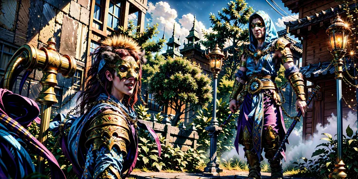 Generate a stunning art style, a true [masterpiece] [best quality] of art. The image showcases [detailed linework], [dynamic shading], and [dramatic lighting], bringing to life a [dreading atmosphere, grim dark coloures] . In the background a [gohtic hive:, warhammer, magic energy] is to be seen in [grand:1.8, high-scale:1.8, panorama:1.8] from [from below]. An oppressive atmosphere prevails OracleTzeentch, solo is [full body view:1.5, dynamic pose, front view, evil grin ]. She is wearing [mask,hood,dress,sleeveless,covered eyes,jewelry,chain,standing,holding staff,boots,full body,armlet, medium breasts]. She is [holidng a staff ].
<lora:OracleTzeentch:0.7>