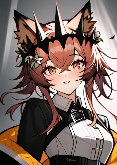 (best quality,illustration,ultra detailed,masterpiece,highres,:1.1),
looking at viewer, parted lips, beautiful eyes, slighlty opened mouth, smile,
vendela_(arknights), light_brown_hair, short_hair, hair_flower, hair_ornament, crown, rose, short_hair_with_long_locks, brown_eyes, red_pupils, fox_ears, animal_ears, upper body, standing, dynamic pose,
<lora:vendela3:0.7>