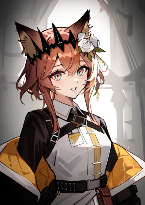 (best quality,illustration,ultra detailed,masterpiece,highres,:1.1),
looking at viewer, parted lips, beautiful eyes, slighlty opened mouth, smile,
vendela_(arknights), light_brown_hair, short_hair, hair_flower, hair_ornament, crown, rose, short_hair_with_long_locks, brown_eyes, red_pupils, fox_ears, animal_ears, upper body, standing, dynamic pose, 
<lora:vendela3:0.7>