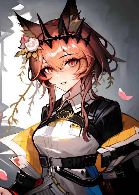 (best quality,illustration,ultra detailed,masterpiece,highres,:1.1), SFW,1girl,
looking at viewer, parted lips, beautiful eyes, slighlty opened mouth, smile,
vendela_(arknights), light_brown_hair, short_hair, hair_flower, hair_ornament, crown, rose, short_hair_with_long_locks, brown_eyes, red_pupils, fox_ears, animal_ears, thighhighs, sitting, adjusting hair,
<lora:vendela3:0.8>
<lora:puuzaki-puuna-lora-v1:0.5>,