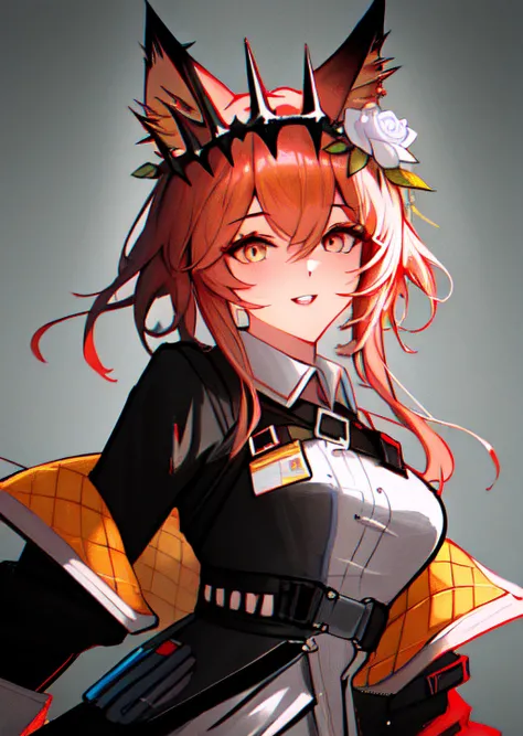(best quality,illustration,ultra detailed,masterpiece,highres,:1.1),
looking at viewer, parted lips, beautiful eyes, slighlty opened mouth, smile,
vendela_(arknights), light_brown_hair, short_hair, hair_flower, hair_ornament, crown, rose, short_hair_with_long_locks, brown_eyes, red_pupils, fox_ears, animal_ears, upper body, standing, dynamic pose, 
<lora:vendela3:0.7>