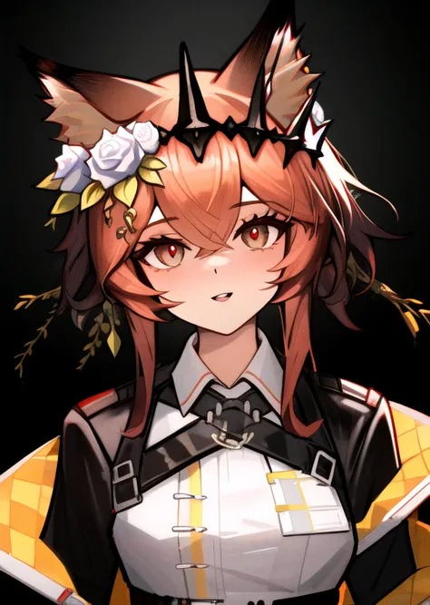 (best quality,illustration,ultra detailed,masterpiece,highres,:1.1),
looking at viewer, parted lips, beautiful eyes, slighlty opened mouth, smile,
vendela_(arknights), light_brown_hair, short_hair, hair_flower, hair_ornament, crown, rose, short_hair_with_long_locks, brown_eyes, red_pupils, fox_ears, animal_ears, upper body, standing, dynamic pose,
<lora:vendela3:0.7>