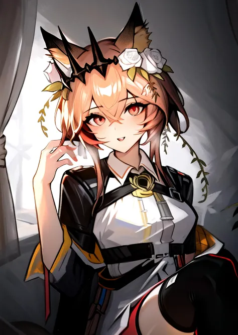(best quality,illustration,ultra detailed,masterpiece,highres,:1.1), NSFW,1girl,
looking at viewer, parted lips, beautiful eyes, slighlty opened mouth, smile,
vendela_(arknights), light_brown_hair, short_hair, hair_flower, hair_ornament, crown, rose, short_hair_with_long_locks, brown_eyes, red_pupils, fox_ears, animal_ears, thighhighs, sitting, adjusting hair,
<lora:vendela3:0.8>
<lora:puuzaki-puuna-lora-v1:0.5>,