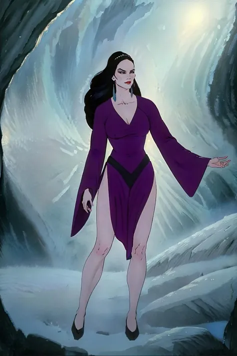 |<lora:Fire_and_Ice_Juliana-46:0.6>juliana, purple dress, dress, plunging neckline, wide sleeves, sitting, legs, glacier, world of ice, dynamic pose, cowboy shot, looking at viewer, high contrast, sharp focus, masterpiece, best quality, highly detailed, HDR, highest quality, highres, sharp focus, 8k, 16k, skin pores, dynamic lights, realistic shadows, best shading, award winning masterpiece