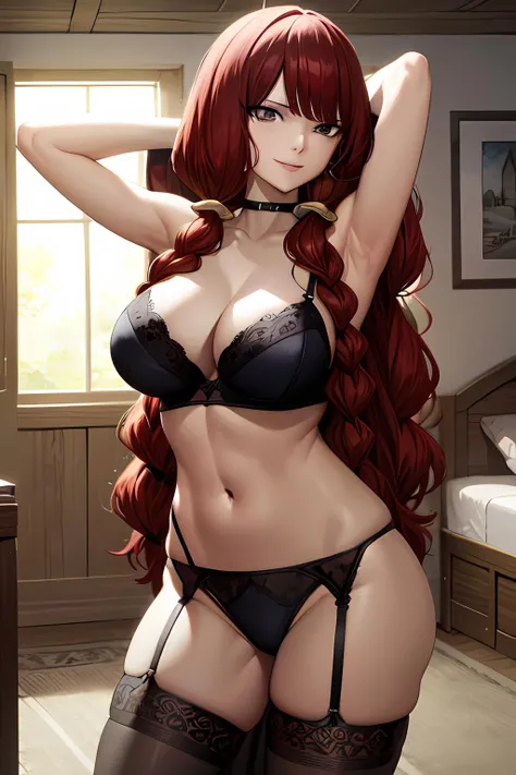 masterpiece, absurdres , (intricate details), (colorful),cinematic lighting,bust shot,extremely detailed CG unity 8k wallpaper, irenernd, 1girl, seductive smile, <lora:irene-05:1>, black lingerie, garter straps, arms up, arms behind head, bed, indoors,window, caustics, contrapposto
