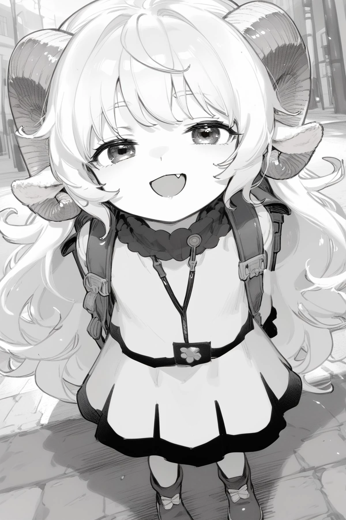 crime prevention buzzer, looking up at viewer, smug, open mouth, fang, randoseru, backpack,
high angle shot, height difference, looking up at viewer, head tilt,
lauriescooper, sheep horns, very long hair, fluffy hair, white hair, sheep girl, young, messy hair, happy, outdoors,
(black and white, manga effect :1.2),
(score_9,score_8_up, score_7_up), zPDXL2, 4k,(dream illustration:1.2),(dynamic angle shot:1.4), (detailed skin texture:1.1), cinematic lighting,
<lora:Laurie:0.8>, <lora:a31_style_koni:0.4>, <lora:add_detail:0.6>, <lora:crimepreventionbuzzer_Pony_v1:0.8>