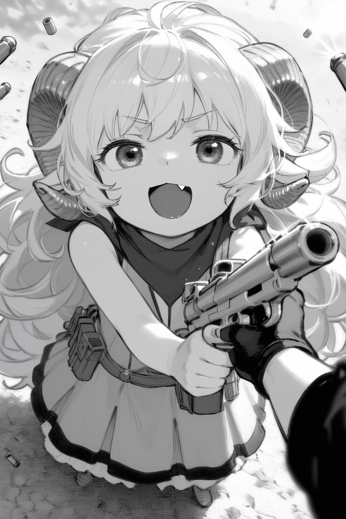 P90, holding gun,firing, shell casing, muzzle flash, casing ejection, bullet, aiming,
looking up at viewer, smug, open mouth, fang, randoseru,
high angle shot, height difference, looking up at viewer, head tilt,
lauriescooper, sheep horns, very long hair, fluffy hair, white hair, sheep girl, young, messy hair, happy, outdoors,
(black and white, manga effect :1.2),
(score_9,score_8_up, score_7_up), zPDXL2, 4k,(dream illustration:1.2),(dynamic angle shot:1.4), (detailed skin texture:1.1), cinematic lighting,
<lora:Laurie:0.8>, <lora:add_detail:0.6>, <lora:P90_XL_v1:0.7>,