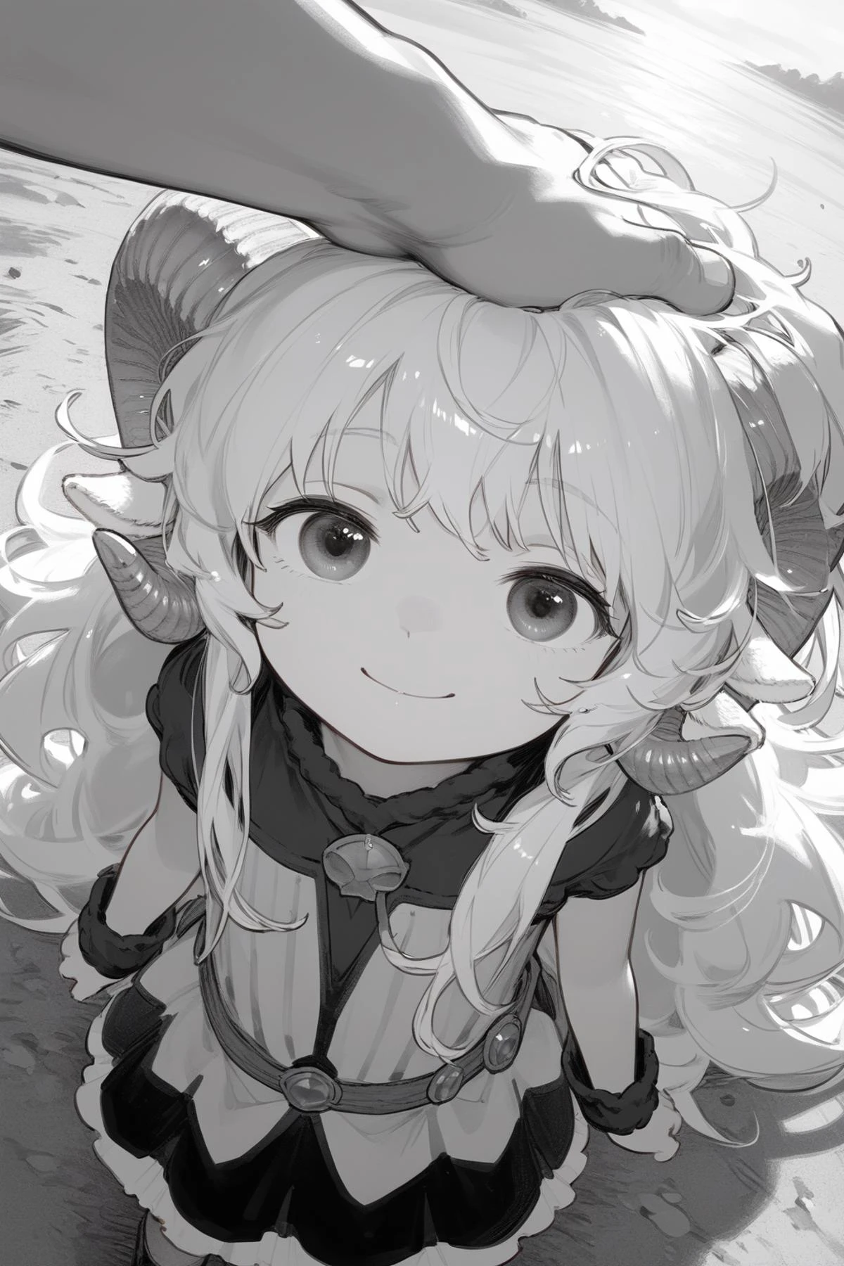 high angle shot, height difference, looking up at viewer, smile, head tilt, pov hand on head, head pat,
lauriescooper, sheep horns, very long hair, fluffy hair, white hair, sheep girl, young, messy hair, happy, outdoors,
(black and white, :1.2),
(score_9,score_8_up, score_7_up), zPDXL2, 4k,(dream illustration:1.2),(dynamic angle shot:1.4), (detailed skin texture:1.1), cinematic lighting,
<lora:Laurie:0.8>, <lora:a31_style_koni:0.4>, <lora:add_detail:0.6>