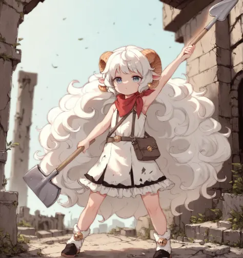 score_9, score_8_up, score_7_up, score_6_up, Detailed Background, BREAK
  <lora:Laurie:0.7>, lauriescooper, 1girl,  horns, sheep horns, very long hair, white hair, , sheep girl, young, BREAK
outdoors, ruins, holding shovel, heroic pose,