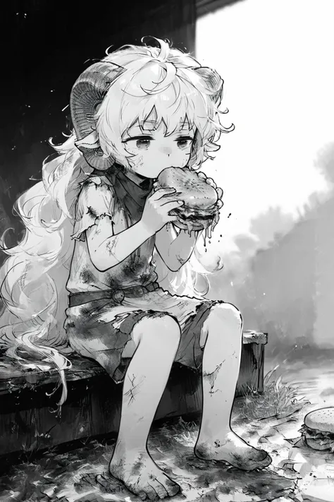 lauriescooper, sheep horns, very long hair, fluffy hair, white hair, sheep girl, young, eating a hamburger,
messy hair, dirty clothes, ripped clothes, bare foot, hurt, scars, cinematic lighting,
(black and white, monochrome, manga effect, :1.2),
(score_9,score_8_up, score_7_up), zPDXL2, 4k,
<lora:Laurie:0.8>,
<lora:Desolation:0.8>,