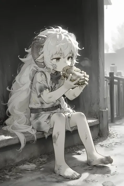 B&W 35mm Vintage photo of lauriescooper, sheep horns, very long hair, fluffy hair, white hair, sheep girl, young, eating a hamburger,
messy hair, dirty clothes, ripped clothes, bare foot, cold, hurt, scars, cinematic lighting,
(black and white, manga effect, :1.2),
(score_9,score_8_up, score_7_up), zPDXL2, 4k
<lora:Laurie:0.8>,
<lora:Vintage_Street_Photo:1>