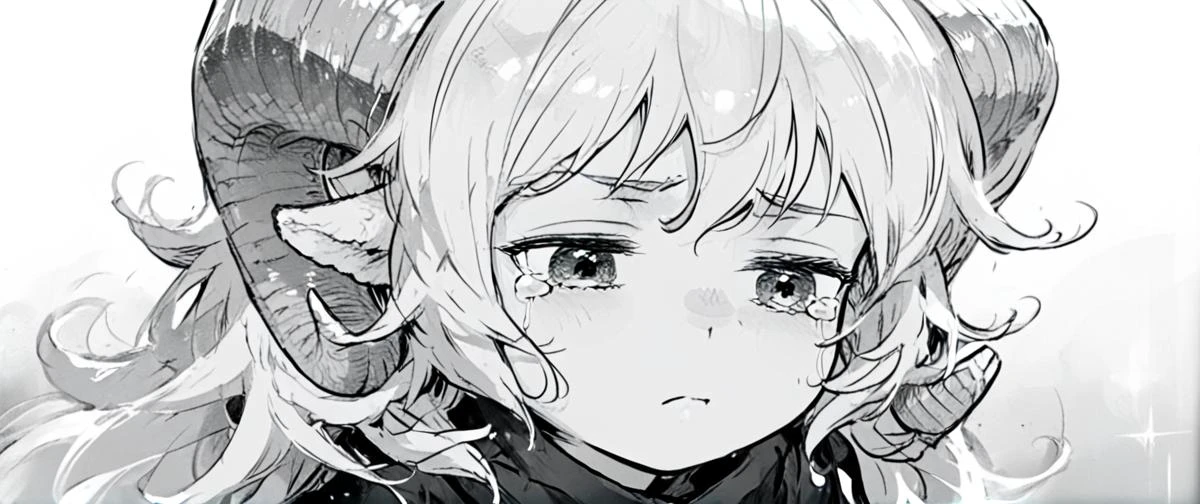 lauriescooper, sheep horns, very long hair, fluffy hair, white hair, sheep girl, young,
upper body, disappointed, sad, tear,
(black and white, monochrome, manga effect, :1.2),
(score_9,score_8_up, score_7_up), zPDXL2, 4k,
<lora:Laurie:0.8>,
<lora:Desolation:0.8>,