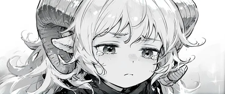 lauriescooper, sheep horns, very long hair, fluffy hair, white hair, sheep girl, young, 
upper body, disappointed, sad, tear, 
(black and white, monochrome, manga effect, :1.2),
(score_9,score_8_up, score_7_up), zPDXL2, 4k,
<lora:Laurie:0.8>,
<lora:Desolation:0.8>,