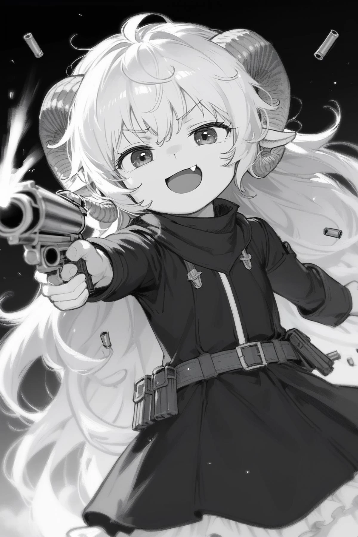 P90, aiming, firing, shooting the viewer, shell casing, muzzle flash, casing ejection, bullets flying,
smug, open mouth, fang, randoseru, head tilt,
lauriescooper, sheep horns, very long hair, fluffy hair, white hair, sheep girl, young, messy hair, happy, outdoors,
(black and white, manga effect :1.2),
(score_9,score_8_up, score_7_up), zPDXL2, 4k,(dream illustration:1.2),(dynamic angle shot:1.4), (detailed skin texture:1.1), cinematic lighting,
<lora:Laurie:0.8>, <lora:add_detail:0.6>, <lora:P90_XL_v1:0.8>,