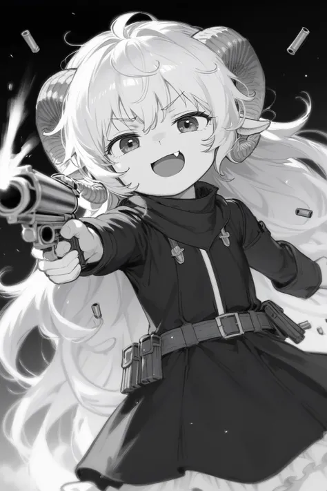 P90, aiming, firing, shooting the viewer, shell casing, muzzle flash, casing ejection, bullets flying, 
smug, open mouth, fang, randoseru, head tilt,
lauriescooper, sheep horns, very long hair, fluffy hair, white hair, sheep girl, young, messy hair, happy, outdoors,
(black and white, manga effect :1.2),
(score_9,score_8_up, score_7_up), zPDXL2, 4k,(dream illustration:1.2),(dynamic angle shot:1.4), (detailed skin texture:1.1), cinematic lighting,
<lora:Laurie:0.8>, <lora:add_detail:0.6>, <lora:P90_XL_v1:0.8>,