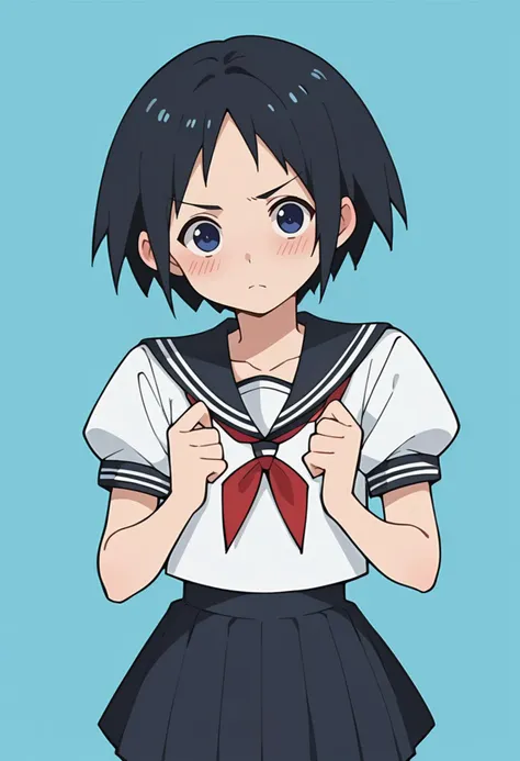 score_9, score_8_up, score_8, source_anime, 1girl, <lora:ChiyokoKurotori:0.85> flat chest, short hair, blue eyes, black hair, seifuku, sailor outfit, looking at viewer, blush, skirt, 
light blue background, simple background,