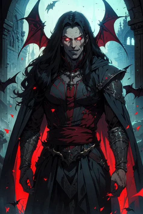 (masterpiece, best quality, highres, high resolution:1.2, cowboy shot, castlevania \(netflix\)), extremely detailed, realistic, intricate details, (1boy, male:1.4, (actor Tom Hiddlestone)), masculine, vampire:1.5, ((evil grin)), very long canines, vampiric fangs, sharp teeth, (extremely pale skinned male), (glowing red eyes), solo, looking at viewer, <lora:strahd_v10:0.8>, Strahd von Zarovich, (black) long hair, bat \(animal\), white mist, dark atmosphere, horror, fear, (cinematic lighting, bloom, volumetric), (realistic skin texture), extremely detailed, intricate, hyper detailed, illustration, high resolution, sharp detail, <lora:castlevania_style_offset:0.4>, <lora:Retro_Anime-000002:0.56>