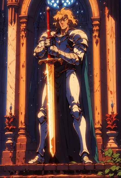 a knight holding a sword in a castle setting, symbolism,<lora:Retro_Anime-000002:.7> retro anime, <lora:Horror_Ink_Style-000008:0.3> <lora:Ink_Painting-000006:0.3>