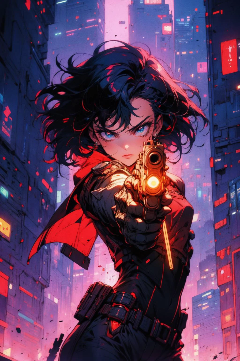 (masterpiece:1.4), (intricate:1.2), (detailed:1.2), (vibrant colors:1.2), BREAK,
(cyberpunk:1.2), (synthwave:1.0), (cowboy shot:1.0), BREAK,
(1girl:1.0), (gloves:1.0), (gunatyou:1.0), (aiming at viewer:1.1), <lora:gunAimingAtYouV1:0.6>, <lora:Retro_Anime-000002:0.5>