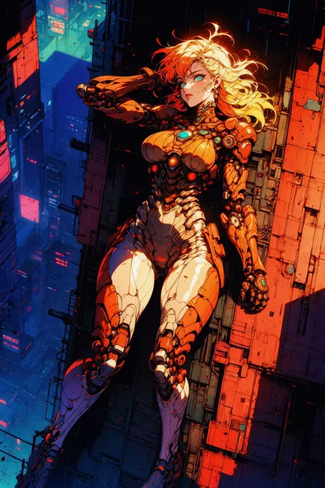 (masterpiece:1.4), (intricate:1.2), (detailed:1.2), (vibrant colors:1.2), BREAK,
(cyberpunk:1.0), (from above:1.2), BREAK,
(1girl:1.0), (biomechanical:1.1), (lying on the back:1.1), (hands behind head:1.0), <lora:Retro_Anime-000002:0.8>
(rooftop view:1.0), (cyberpunk city from above:1.3), (precipice:1.1)