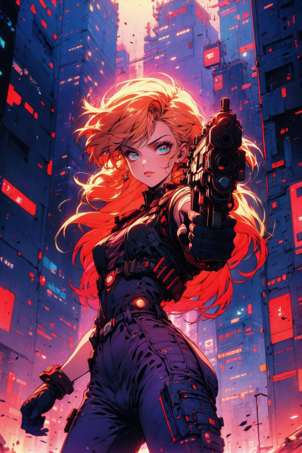 (masterpiece:1.4), (intricate:1.2), (detailed:1.2), (vibrant colors:1.2), BREAK,
(cyberpunk:1.2), (synthwave:1.0), (cowboy shot:1.0), BREAK,
(1girl:1.0), (gloves:1.0), (gunatyou:1.0), (aiming at viewer:1.0), <lora:gunAimingAtYouV1:0.7>, <lora:Retro_Anime-000002:0.5>