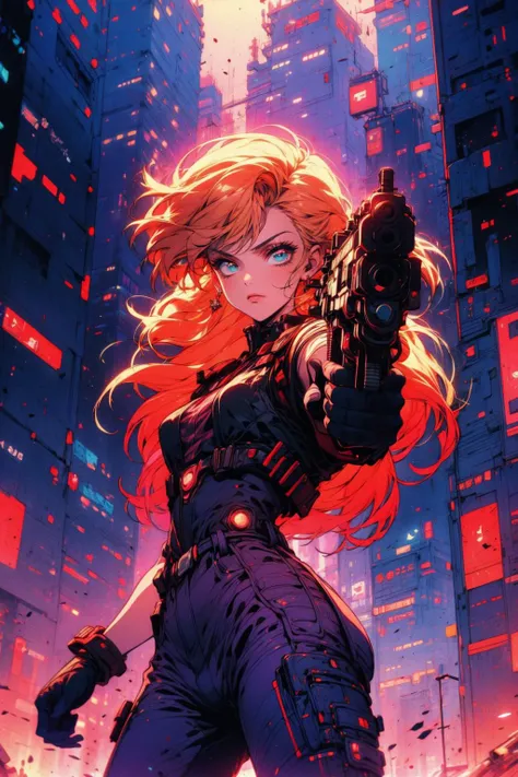 (masterpiece:1.4), (intricate:1.2), (detailed:1.2), (vibrant colors:1.2), BREAK,
(cyberpunk:1.2), (synthwave:1.0), (cowboy shot:1.0), BREAK,
(1girl:1.0),  (gloves:1.0), (gunatyou:1.0), (aiming at viewer:1.0), <lora:gunAimingAtYouV1:0.7>,  <lora:Retro_Anime-000002:0.5>