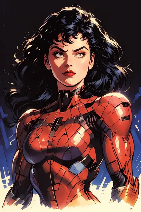 masterpiece, best quality, high quality, highres,
solo, black curly long hair, breasts, makeup, superhero suit, lipstick,, upper body, young, skinny, flat chest
retro artstyle,simple background, realistic, superhero,
<lora:ARTSTYLE_AlexRoss_ComicArt_ownwaifu:0.5> , ((portrait)), straight-on, looking_at_viewer, solo,closed mouth,simple_background, <lora:Retro_Anime-000006:.7>
