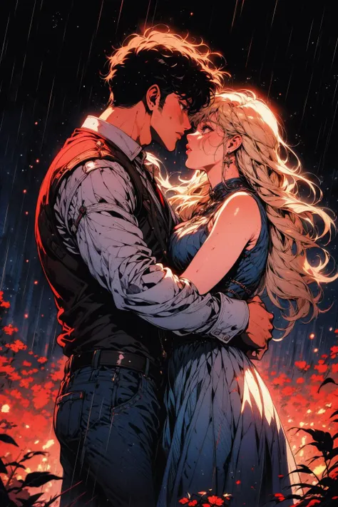(masterpiece:1.2), (best quality:1.1), (vibrant colors:1.2), BREAK,
(starry night:1.1), (heavy rain:1.0), (retro:1.0), (windy:1.0), BREAK,
(cowboy shot:1.0), (1girl + 1man:1.0), (side by side:1.0), (man embracing a woman:1.0), (almost kissing:1.1), (passionate:1.0), (first love:1.0), (tragic:1.0), (dynamic pose:1.1), <lora:Retro_Anime-000002:0.8>