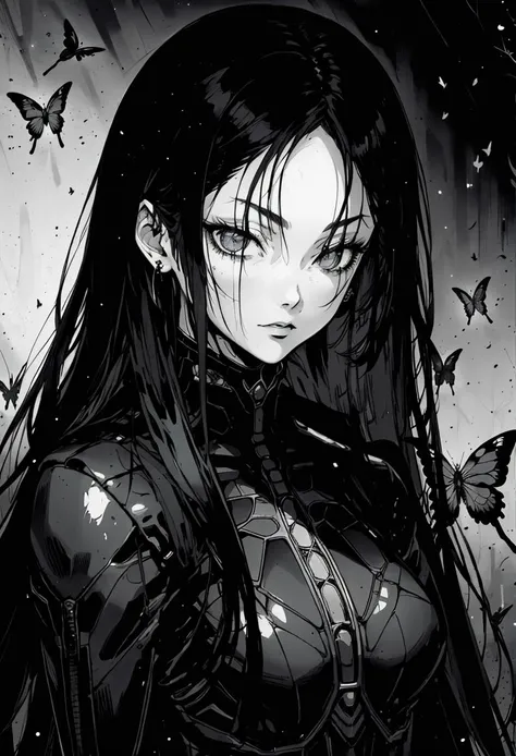 a woman with long hair and a black jacket with butterfly flying around her head, with a black background, a manga drawing, gothic art, <lora:Retro_Anime-000002:.7> retro anime,