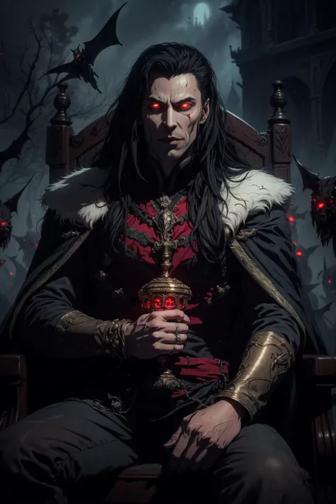 (masterpiece, best quality, highres, high resolution:1.2, cowboy shot, castlevania \(netflix\)), extremely detailed, realistic, intricate details, (1boy, male:1.4, (actor Tom Hiddlestone)), sitting on a dark throne, with a chalice of wine in hand, masculine, vampire:1.5, ((soft smile)), very long canines, vampiric fangs, sharp teeth, (extremely pale:1.3 skinned male), (glowing red eyes), solo, looking at viewer, <lora:strahd_v10:0.8>, Strahd von Zarovich, (black) long hair, bat \(animal\), white mist, dark atmosphere, horror, fear, (cinematic lighting, bloom, volumetric), (realistic skin texture), extremely detailed, intricate, hyper detailed, illustration, high resolution, sharp detail, <lora:castlevania_style_offset:0.4>, <lora:Retro_Anime-000002:0.56>