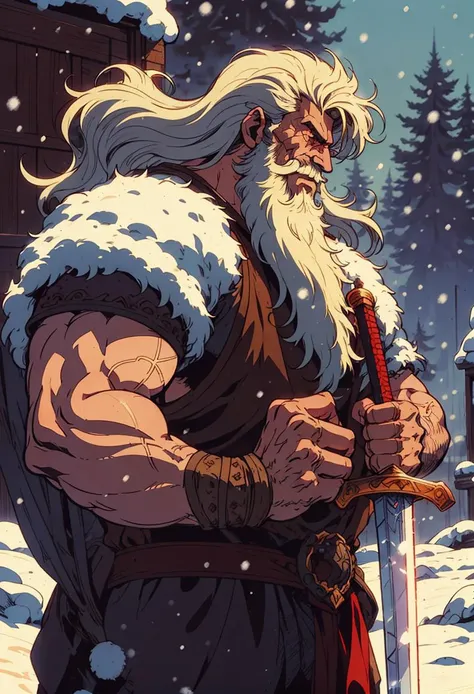 a man with a sword and a beard in the snow falling around him, epic fantasy character art, a comic book panel, fantasy art, <lora:Retro_Anime-000002:.7> retro anime,