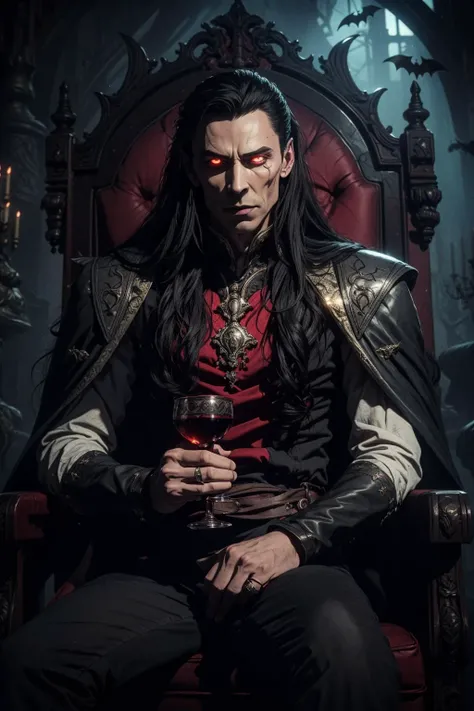 (masterpiece, best quality, highres, high resolution:1.2, cowboy shot, castlevania \(netflix\)), extremely detailed, realistic, intricate details, (1boy, male:1.4, (actor Tom Hiddlestone)), sitting on a dark throne, with a chalice of wine in hand, masculine, vampire:1.5, ((soft smile)), very long canines, vampiric fangs, sharp teeth, (extremely pale skinned male), (glowing red eyes), solo, looking at viewer,  <lora:strahd_v10:0.8>, Strahd von Zarovich, (black) long hair, bat \(animal\), white mist, dark atmosphere, horror, fear, (cinematic lighting, bloom, volumetric), (realistic skin texture), extremely detailed, intricate, hyper detailed, illustration, high resolution, sharp detail, <lora:castlevania_style_offset:0.4>, <lora:Retro_Anime-000002:0.56>