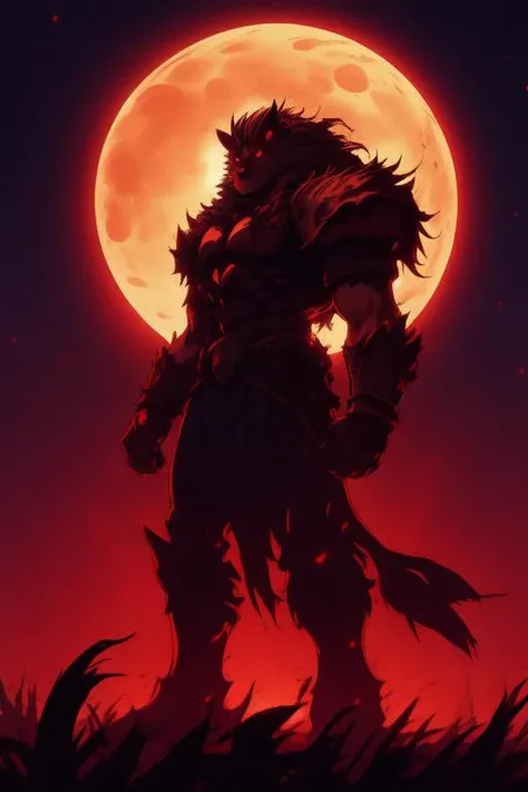 a giant werewolf standing in front of a full moon, armor on arms, bloodborne, furry art, <lora:Retro_Anime-000002:.7> retro anime, textured