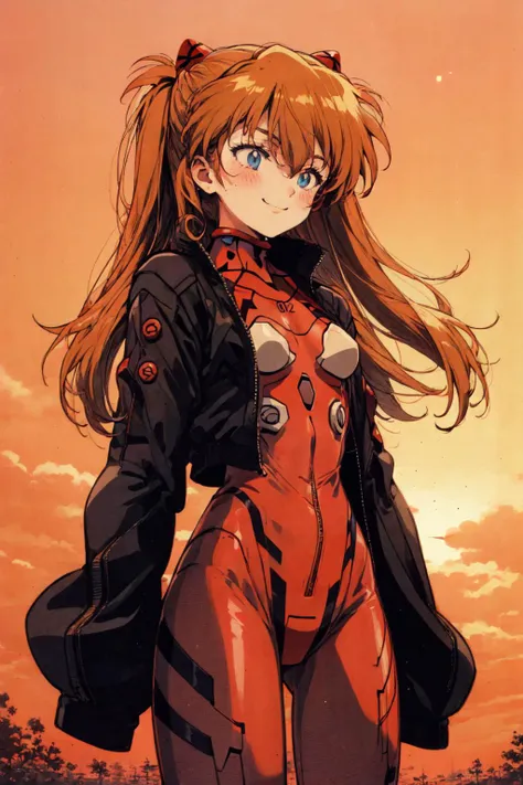 souryuu asuka langley, masterpiece, best quality, solo, 1girl <lora:AsukaLangleySouryuuV2-000015:1>, (black jacket), bodysuit under clothes,  <lora:Retro_Anime:0.7>, orange sky, pink clouds, retro, aesthetic, smile, blushing, looking away