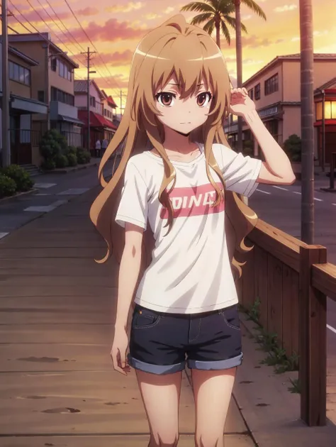 (best quality), highres, <lora:ToraDora:1> Taiga_Aisaka, teenage, short, petite, brown eyes, casual, beach, boardwalk, palm trees, sunset