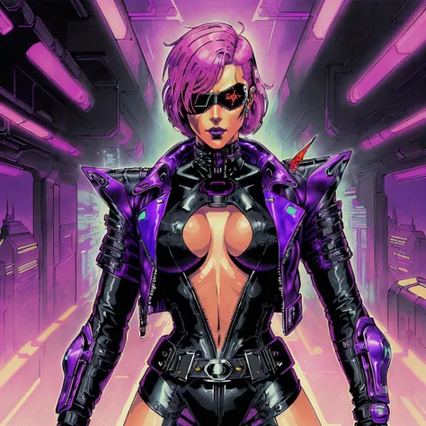 Masterpiece, colorful illustration of a (Cyberpunk [Cyborg|Woman] with short white bob hair), ((futuristic eyepatch), perfect face, amber eyes, cyberwear, (wearing purple leather jacket over flashy cyberpunk armor), dynamic angle, [Bold|Bright] colors, 90s cyberpunk artwork, dynamic composition, erotic art, (by Philippe Druillet:1.1)