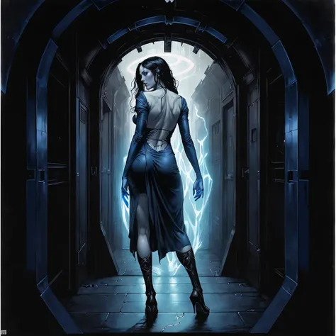 dark erotic artwork, rear angle, a highly detailed painting of a pale skin woman with disheveled black hair, looking back at viewer, with crazy look, wearing a hospital gown, ((stepping through a glowing blue portal into hell)), sci-fi, surrealism, oil on board, muted colors, ambient light, from behind, (by Brom:1.1)