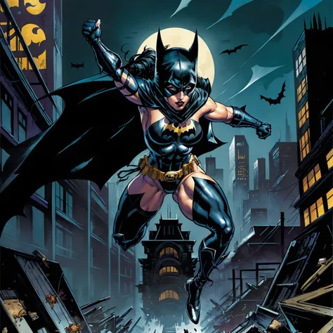 masterpiece, comic book illustration of a female athletic batman, wearing black batman outfit, cowl, cape and mask, action pose, Gotham city, dynamic composition, bold colors, (by Simon Bisley:1.1)