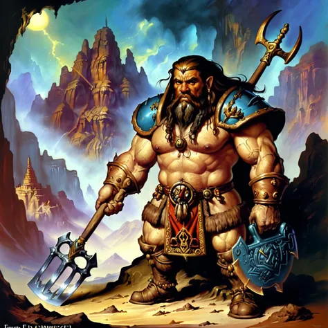 Masterpiece, (colorful classic warhammer concept art), (painting of a dwarf holding a shovel, digging a hole:1.2), highly detailed, complex art, (oil on canvas), cave background, (mountain:0.9), [old world|Elthin Arvan], vivid details, (1990s tabletop RPG art), award-winning, character art, beautiful lighting, (by Frank Frazetta:1.1)