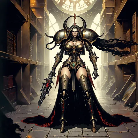 Masterpiece, (40k concept art), (Female Adeptus Mechanicus), tech priest, wearing Mechadendrite, epic, brutalism, highly detailed, RPG artwork, Warhammer, in library, oil on canvas, grimdark, bold colors, (by Simon Bisley:1.2)