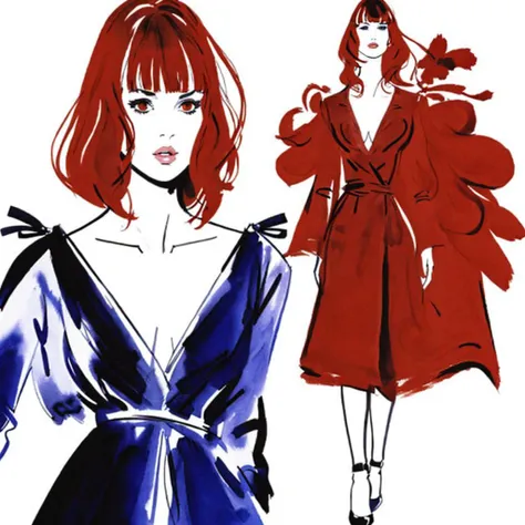full body, ink watercolor by [Jacqueline bissett | milo manara], model with (straight red hair) and ((bangs)), [molly ringwald | winona ryder], <lora:MollyR:0.5>,  <lora:Winona_Ryder:0.5>, solo focus, high fashion,  haute couture, <lora:bissett:1.3>