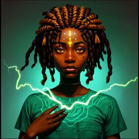 Cowboy shot, black african woman, short dreadlocks, pink eyebrows glowing with electric energy,