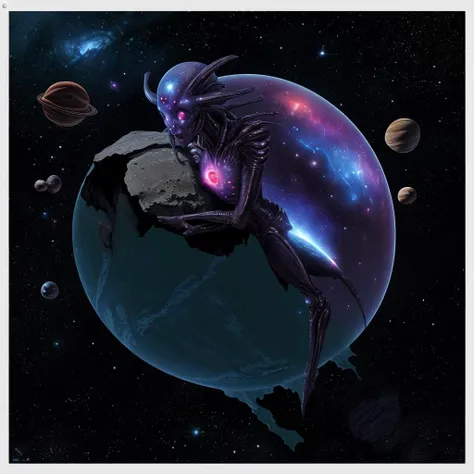 a [spaceship | alien] make out of [flesh | metal | rock], orbiting a planet, deep space in the background, stars, nebula, moons,