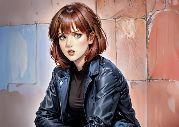 illustration by Milo Manara  [molly ringwald | winona ryder]  blue eyes <lora:MollyR:0.3> <lora:Winona_Ryder:0.3>  with medium straight red hair and bangs, [angry | scared] <lora:last:0.7>, wearing a black biker_jacket <lora:biker_jacket0:0.1> black leggings and shirt, best quality, masterpiece,  <lora:sliced_bob-2.0:0.4>, 1girl, modern loft apartment background