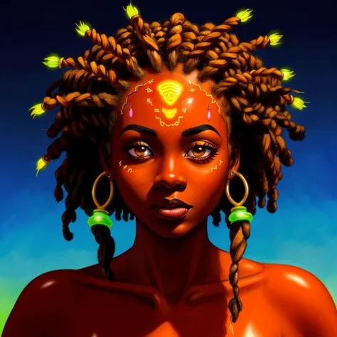 black african woman, short dreadlocks, pink eyebrows glowing with electric energy