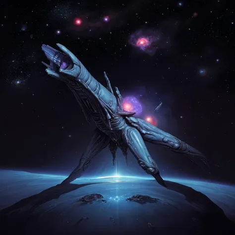 a [spaceship | alien] make out of [flesh | metal | rock], orbiting a planet, deep space in the background, stars, nebula, moons,
