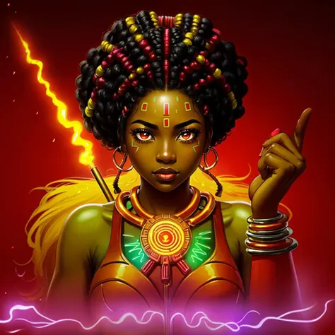 black african woman, short dreadlocks, pink eyebrows glowing with electric energy