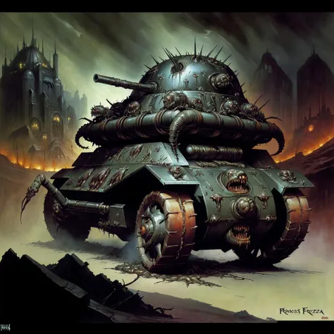 Generate ((best quality)), ((masterpiece)),  of [death metal] [album cover:1.5] [frank frazzeta] and [Hans Rudolf Giger] Comic art style  about [tanks] [hell and machines], [meat and maggots] melted and twisted in to one, in [dark] [disturbing], [foreboding atmosphere] with [band name:1.2] in front