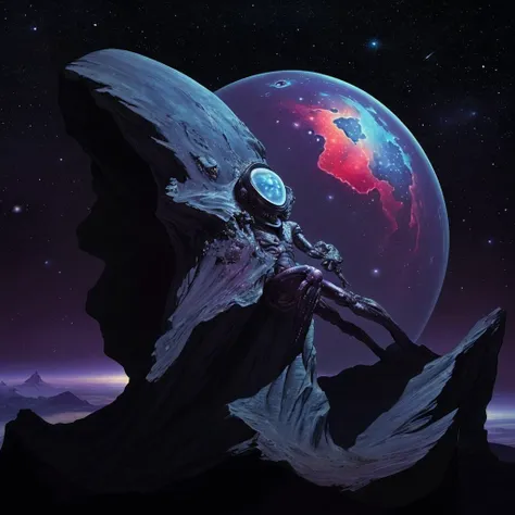 a [spaceship | alien] make out of [flesh | metal | rock], orbiting a planet, deep space in the background, stars, nebula, moons,