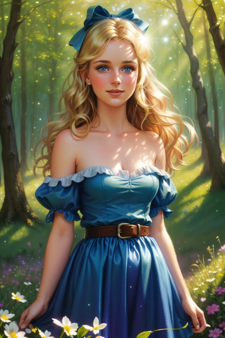 A painting of a woman in a blue dress standing in a forest - SeaArt AI